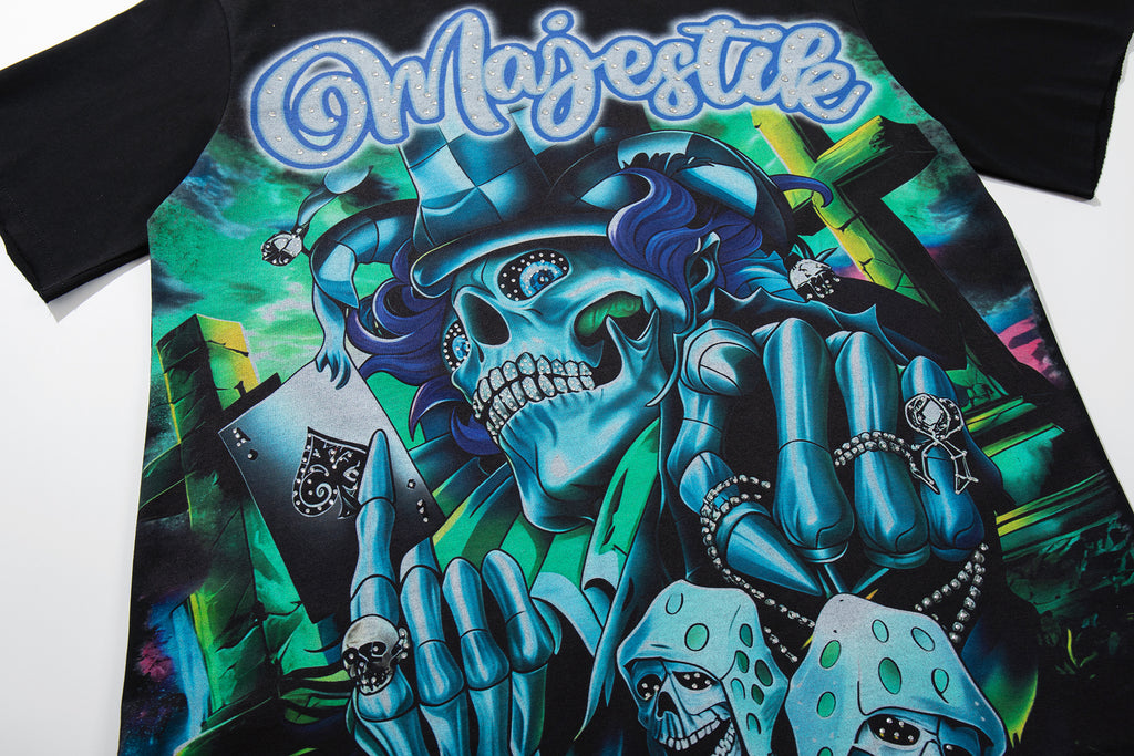 MAJESTIK Neon Skull Graphic Black T‑Shirt