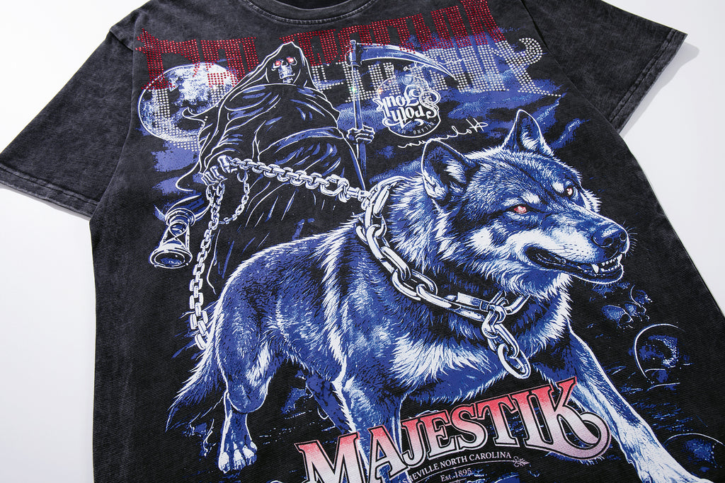 MAJESTIK Grim Reaper Scythe Vintage Washed Graphic T‑Shirt