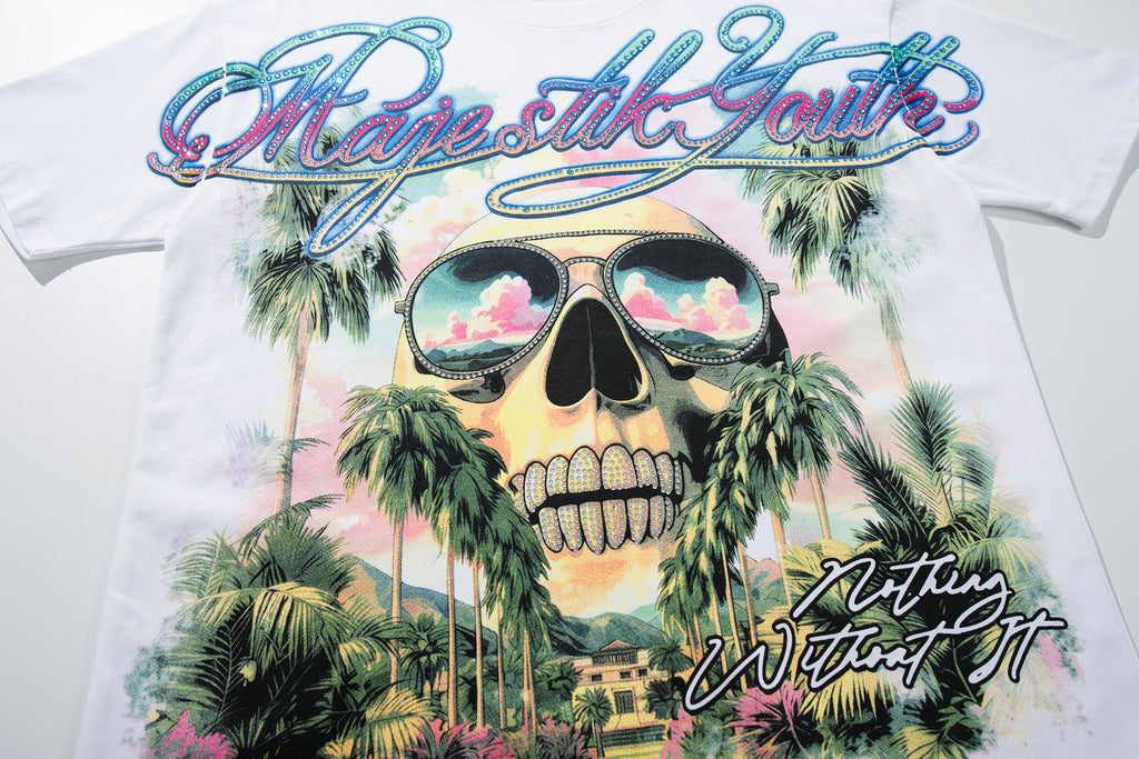 MAJESTIK Tropical Skull Double‑Sided Graphic T‑Shirt
