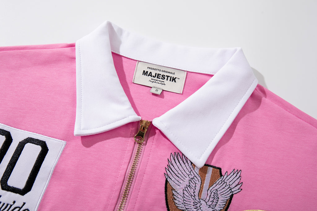 MAJESTIK Sports Patch‑Embroidered Half‑Zip Pink Striped Polo Shirt