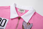 MAJESTIK Sports Patch‑Embroidered Half‑Zip Pink Striped Polo Shirt