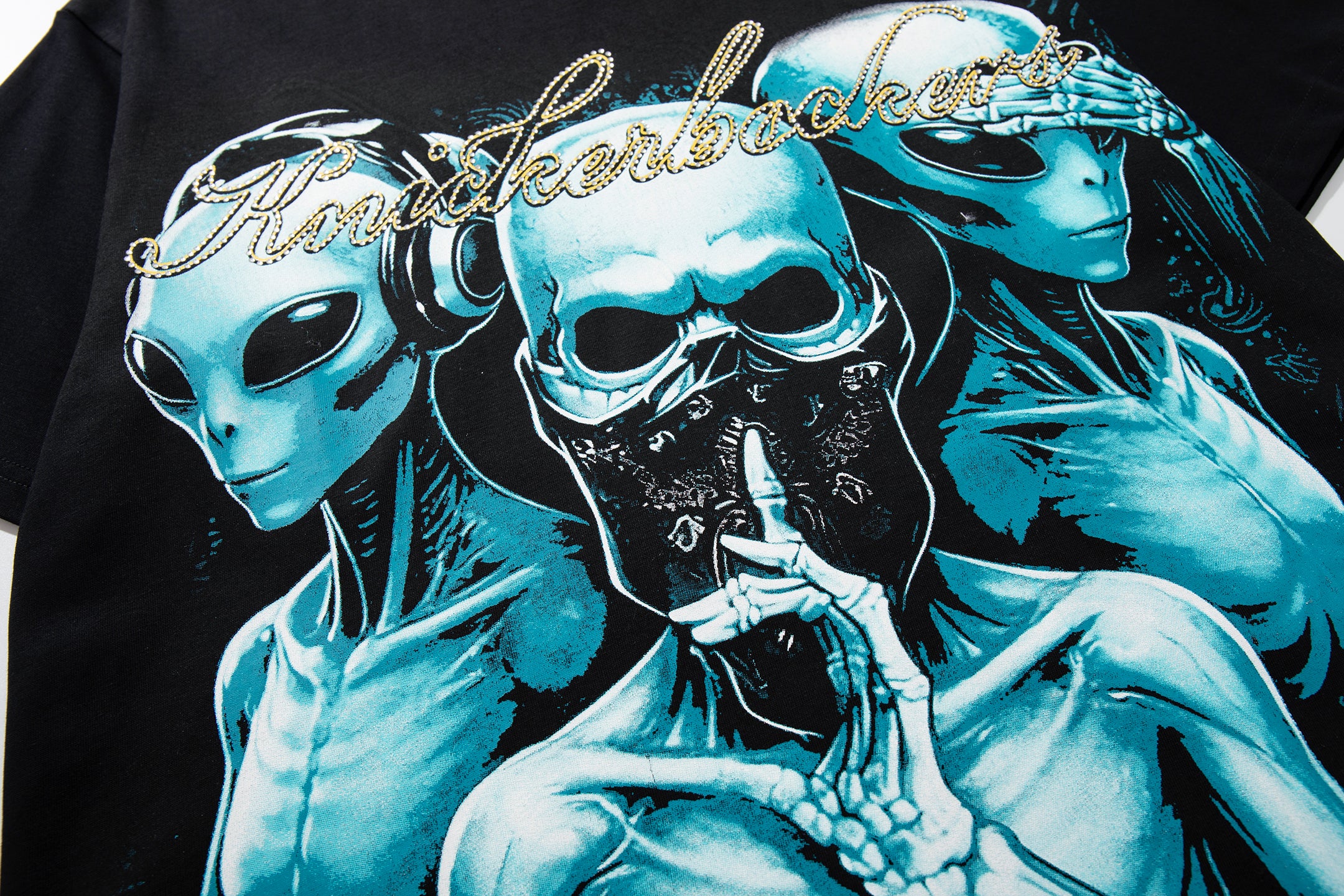MAJESTIK Alien Skull Angel Sword Double‑Sided Graphic T‑Shirt