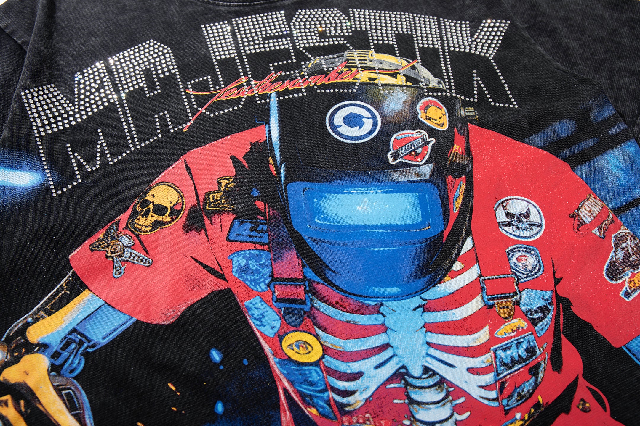 MAJESTIK Skeleton DJ Vintage Washed Double‑Sided Graphic T‑Shirt