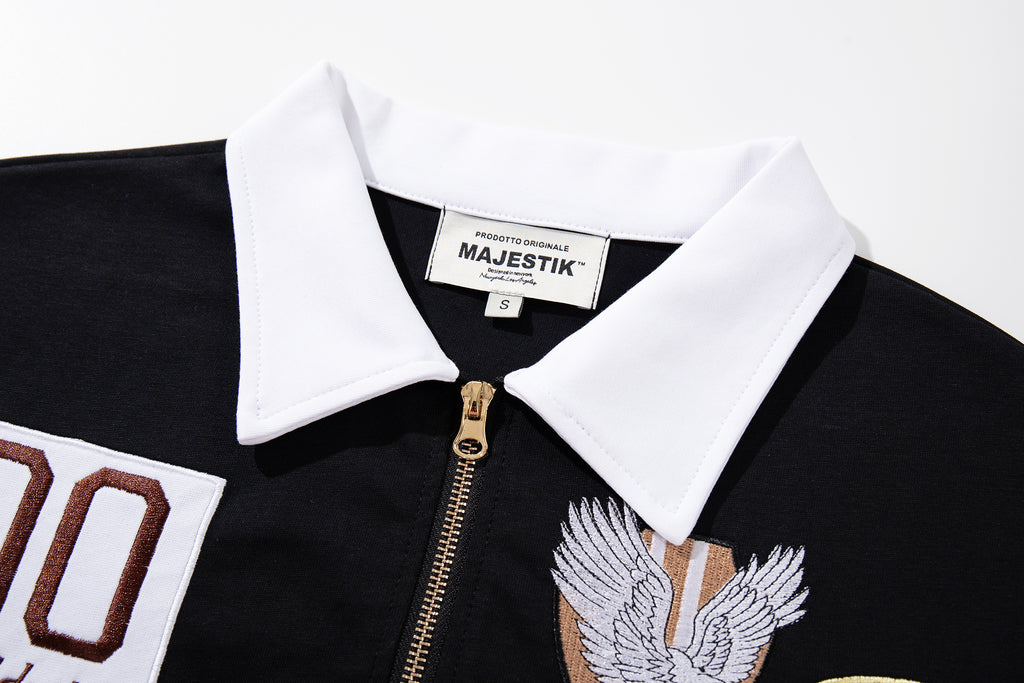 MAJESTIK Sports Embroidered Patch Half‑Zip Black‑White Polo Shirt