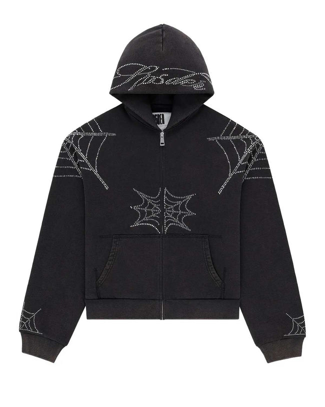 Sp5der Rhinestone Web Zip Up Hoodie Black Hover Image