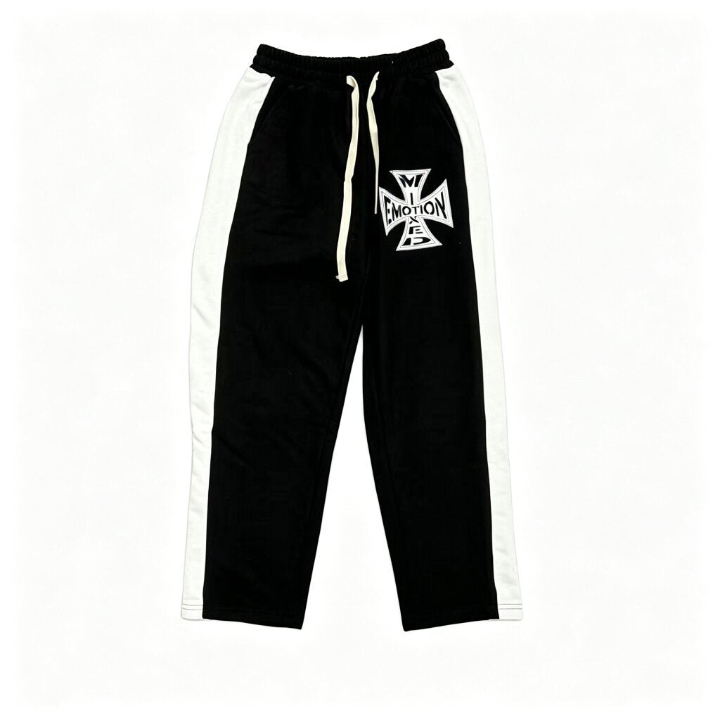 MIXED EMOTION Cross‑Logo Side‑Stripe Black Track Pants