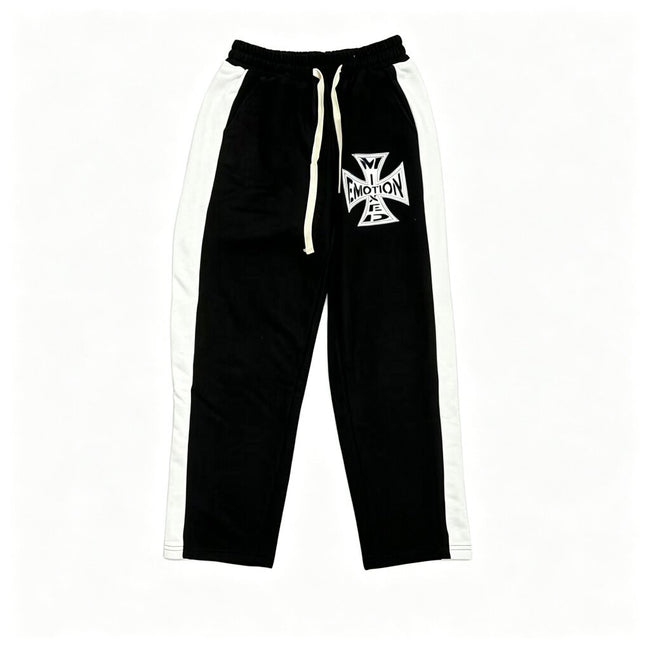 MIXED EMOTION Cross‑Logo Side‑Stripe Black Track Pants Hover Image