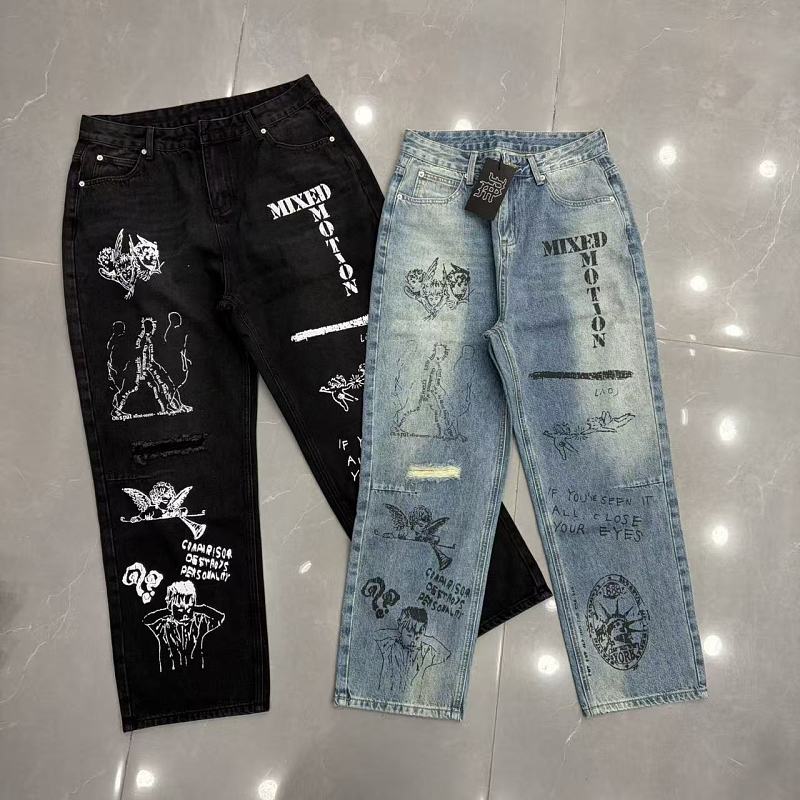 MIXED EMOTION Graffiti‑Print Straight‑Leg Jeans