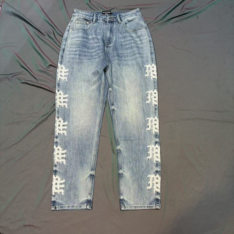 MIXED EMOTION Side Logo Vintage Light‑Wash Straight‑Leg Jeans