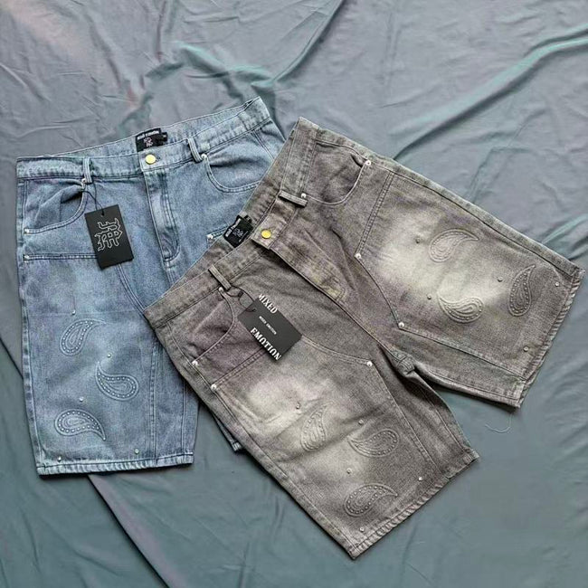 MIXED EMOTION Vintage Washed Paisley‑Stitch Denim Jorts Hover Image