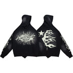 Hellstar Gothic Flame‑Face Black Hoodie