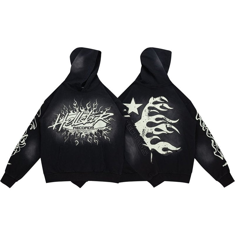 Hellstar Gothic Flame‑Face Black Hoodie