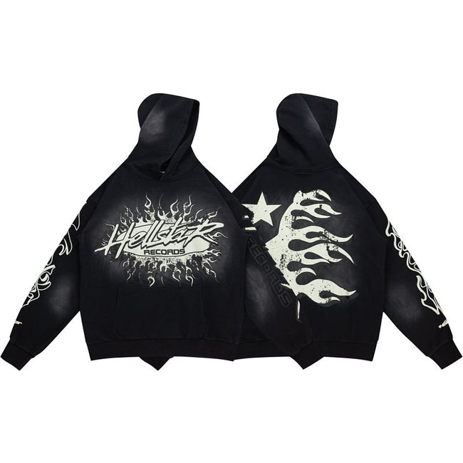 Hellstar Gothic Flame‑Face Black Hoodie Hover Image