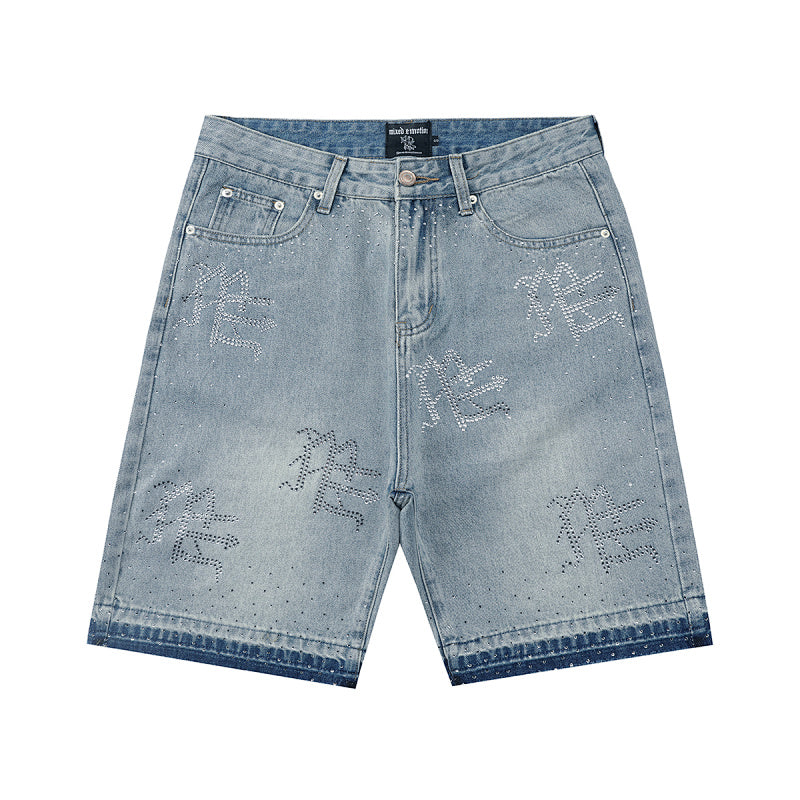 MIXED EMOTION Rhinestone Logo Vintage‑Wash Denim Jorts