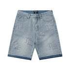 MIXED EMOTION Rhinestone Logo Vintage‑Wash Denim Jorts