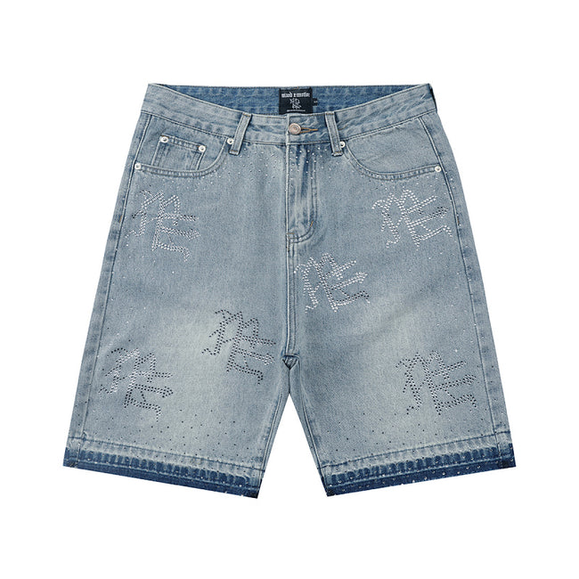 MIXED EMOTION Rhinestone Logo Vintage‑Wash Denim Jorts Hover Image