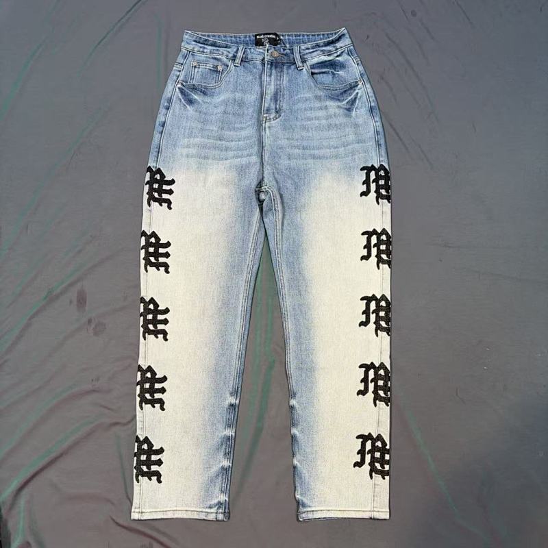 MIXED EMOTION Vertical Logo Faded Straight‑Leg Jeans