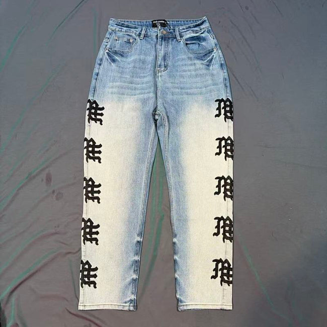 MIXED EMOTION Vertical Logo Faded Straight‑Leg Jeans Hover Image