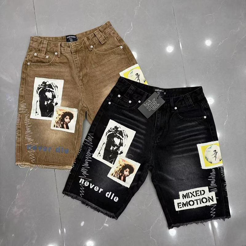 MIXED EMOTION Photo‑Patch Raw‑Hem Denim Shorts