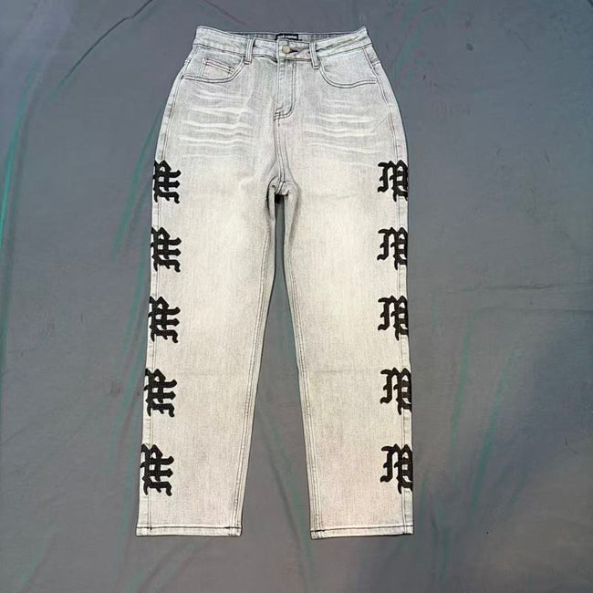 MIXED EMOTION Side Logo Vintage Ash‑Wash Straight‑Leg Jeans Hover Image