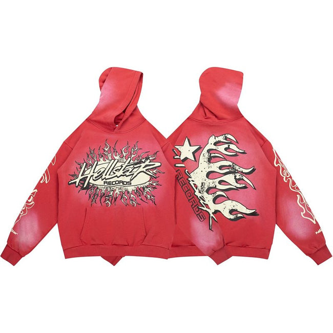 Hellstar Gothic Flame‑Face Red Hoodie Hover Image