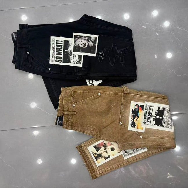 MIXED EMOTION Patch‑Work Distressed Straight‑Leg Jeans Hover Image