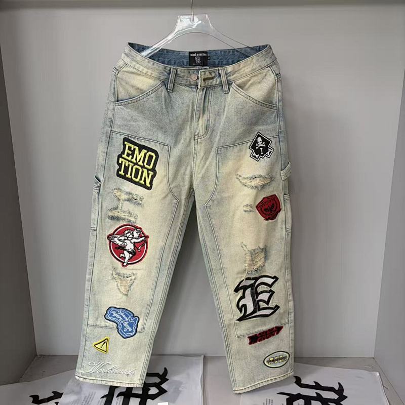 MIXED EMOTION Multi‑Patch Vintage Wash Baggy Cargo Jeans