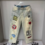 MIXED EMOTION Multi‑Patch Vintage Wash Baggy Cargo Jeans