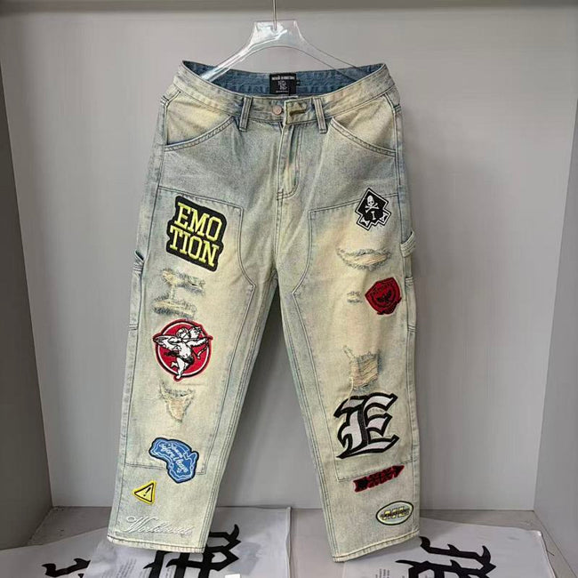 MIXED EMOTION Multi‑Patch Vintage Wash Baggy Cargo Jeans Hover Image