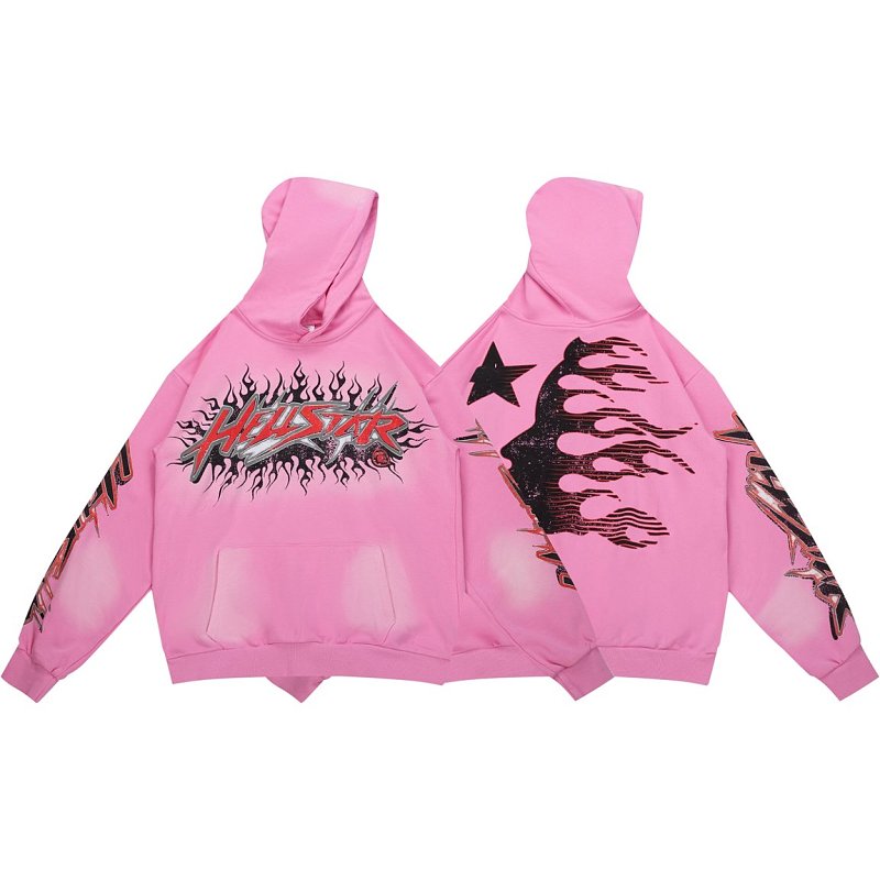 Hellstar Gothic Flame‑Face Pink Hoodie