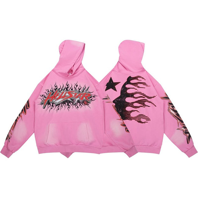 Hellstar Gothic Flame‑Face Pink Hoodie Hover Image