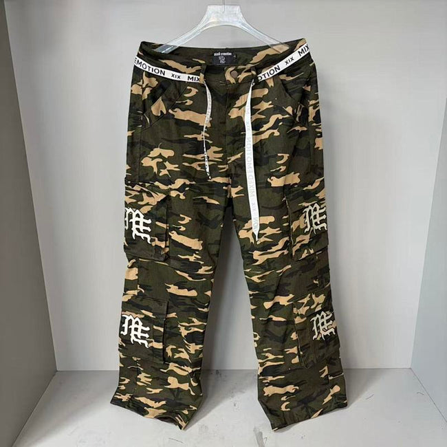 MIXED EMOTION Camo Gothic‑Logo Wide‑Leg Cargo Pants Hover Image