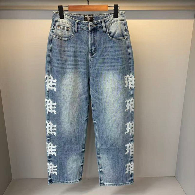 MIXED EMOTION Vertical Gothic‑Logo Cloud‑Wash Wide‑Leg Jeans Hover Image
