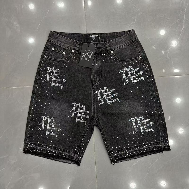 MIXED EMOTION Rhinestone Logo Denim Shorts