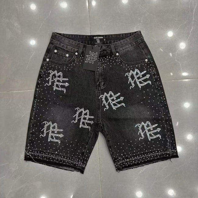 MIXED EMOTION Rhinestone Logo Denim Shorts Main Image