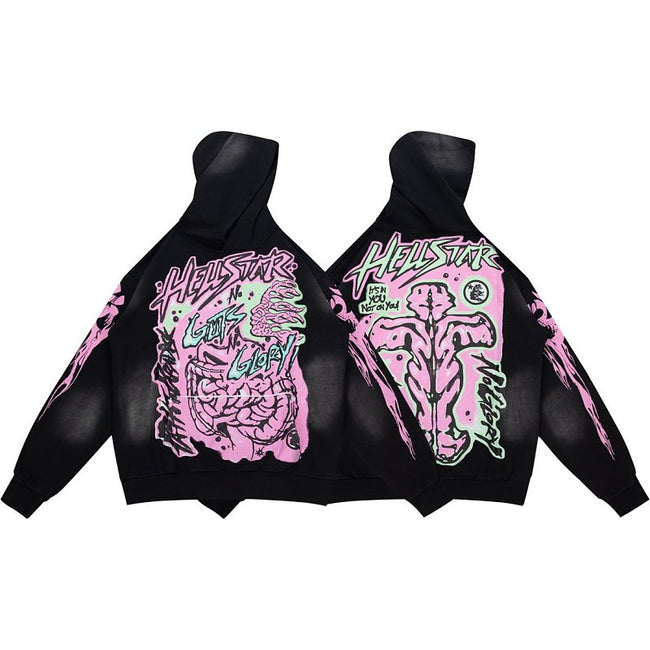 Hellstar Pink‑Green Skeleton Graphic Black Hoodie Hover Image