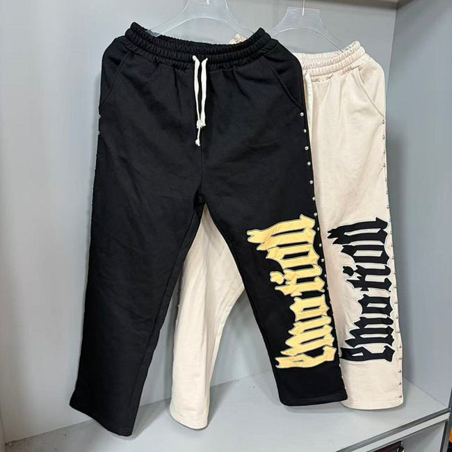 MIXED EMOTION Gothic Letter Side‑Studded Wide‑Leg Sweatpants Hover Image