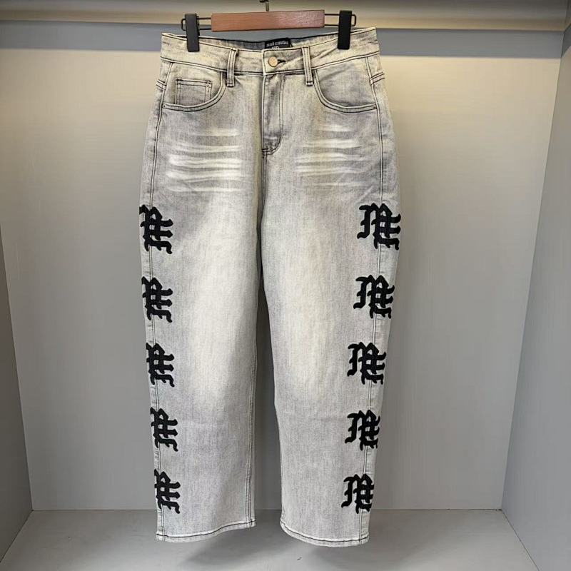 MIXED EMOTION Vertical Gothic‑Logo Washed‑Out Wide‑Leg Jeans