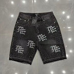 MIXED EMOTION Rhinestone Logo Denim Shorts