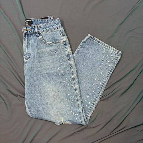 MIXED EMOTION Distressed Rivet‑Accent Straight‑Leg Jeans