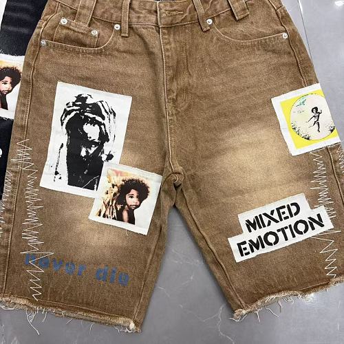 MIXED EMOTION Photo‑Patch Raw‑Hem Denim Shorts