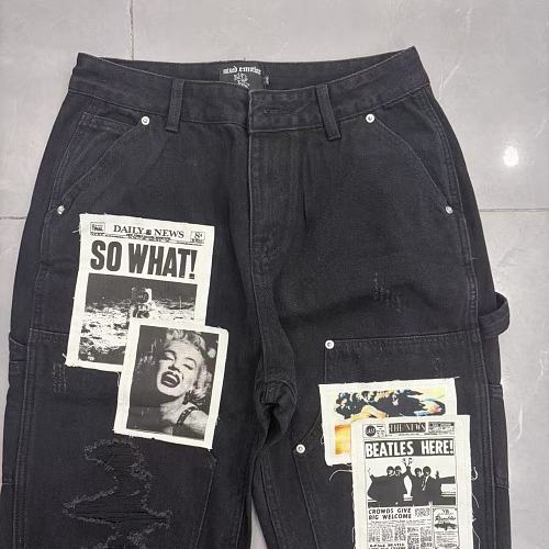 MIXED EMOTION Patch‑Work Distressed Straight‑Leg Jeans
