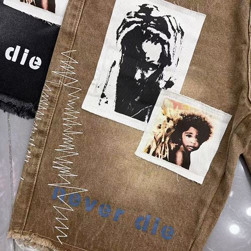 MIXED EMOTION Photo‑Patch Raw‑Hem Denim Shorts