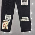 MIXED EMOTION Patch‑Work Distressed Straight‑Leg Jeans
