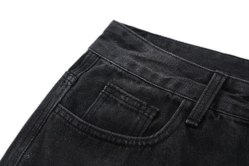 MIXED EMOTION Multi‑Patch Gothic Logo Black Denim Jorts