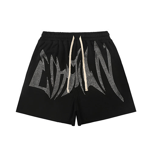 MIXED EMOTION Rhinestone Gothic Letter French Terry Shorts Hover Image