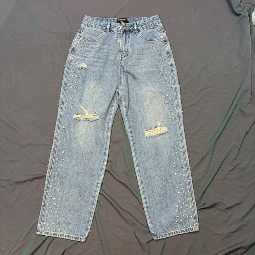 MIXED EMOTION Distressed Rivet‑Accent Straight‑Leg Jeans