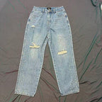 MIXED EMOTION Distressed Rivet‑Accent Straight‑Leg Jeans