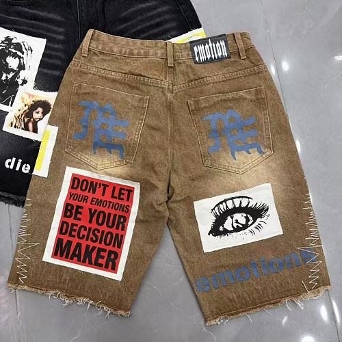 MIXED EMOTION Photo‑Patch Raw‑Hem Denim Shorts