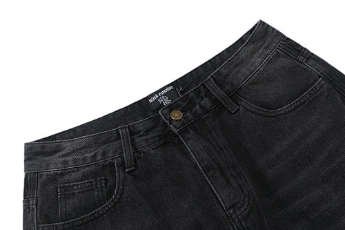 MIXED EMOTION Multi‑Patch Gothic Logo Black Denim Jorts